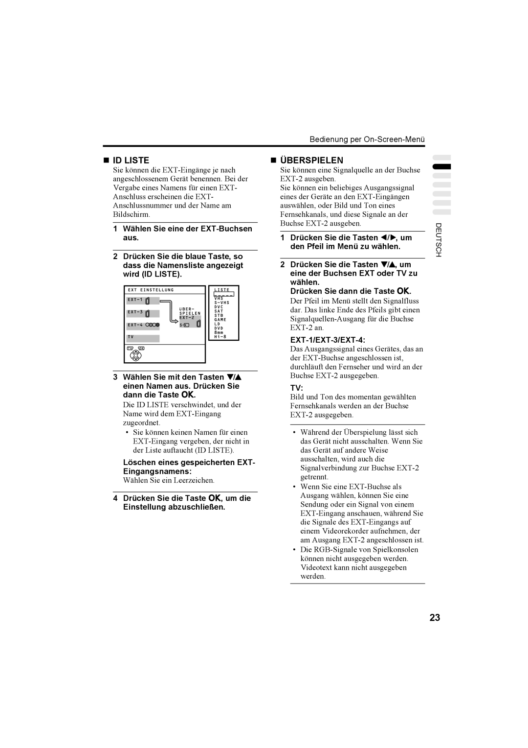 JVC AV32T20EP, AV28T20EP manual „ ID Liste „ Überspielen, Löschen eines gespeicherten EXT- Eingangsnamens 