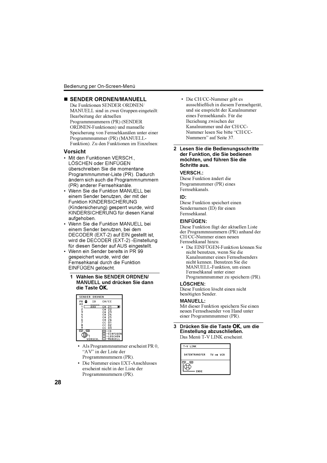 JVC AV28T20EP, AV32T20EP manual „ Sender ORDNEN/MANUELL, Versch, Einfügen, Löschen, Manuell 