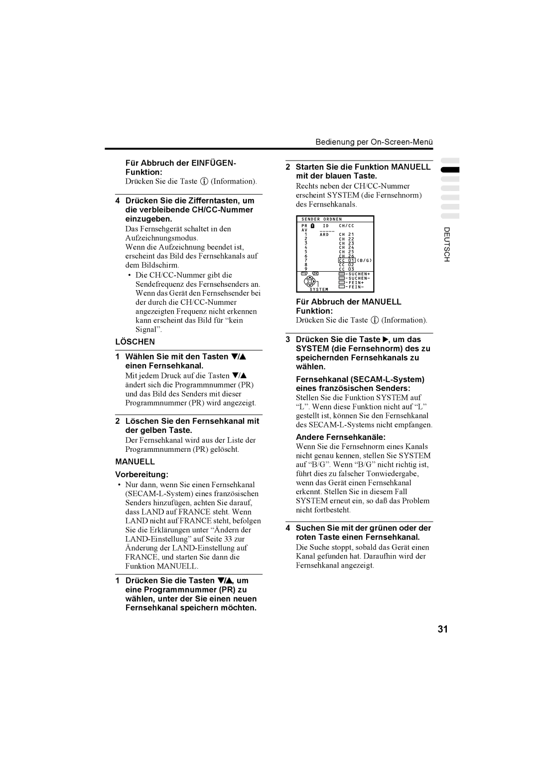 JVC AV32T20EP, AV28T20EP manual Für Abbruch der EINFÜGEN- Funktion, Starten Sie die Funktion Manuell mit der blauen Taste 