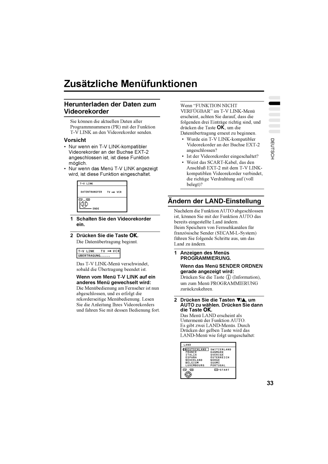 JVC AV32T20EP manual Zusätzliche Menüfunktionen, Herunterladen der Daten zum Videorekorder, Ändern der LAND-Einstellung 