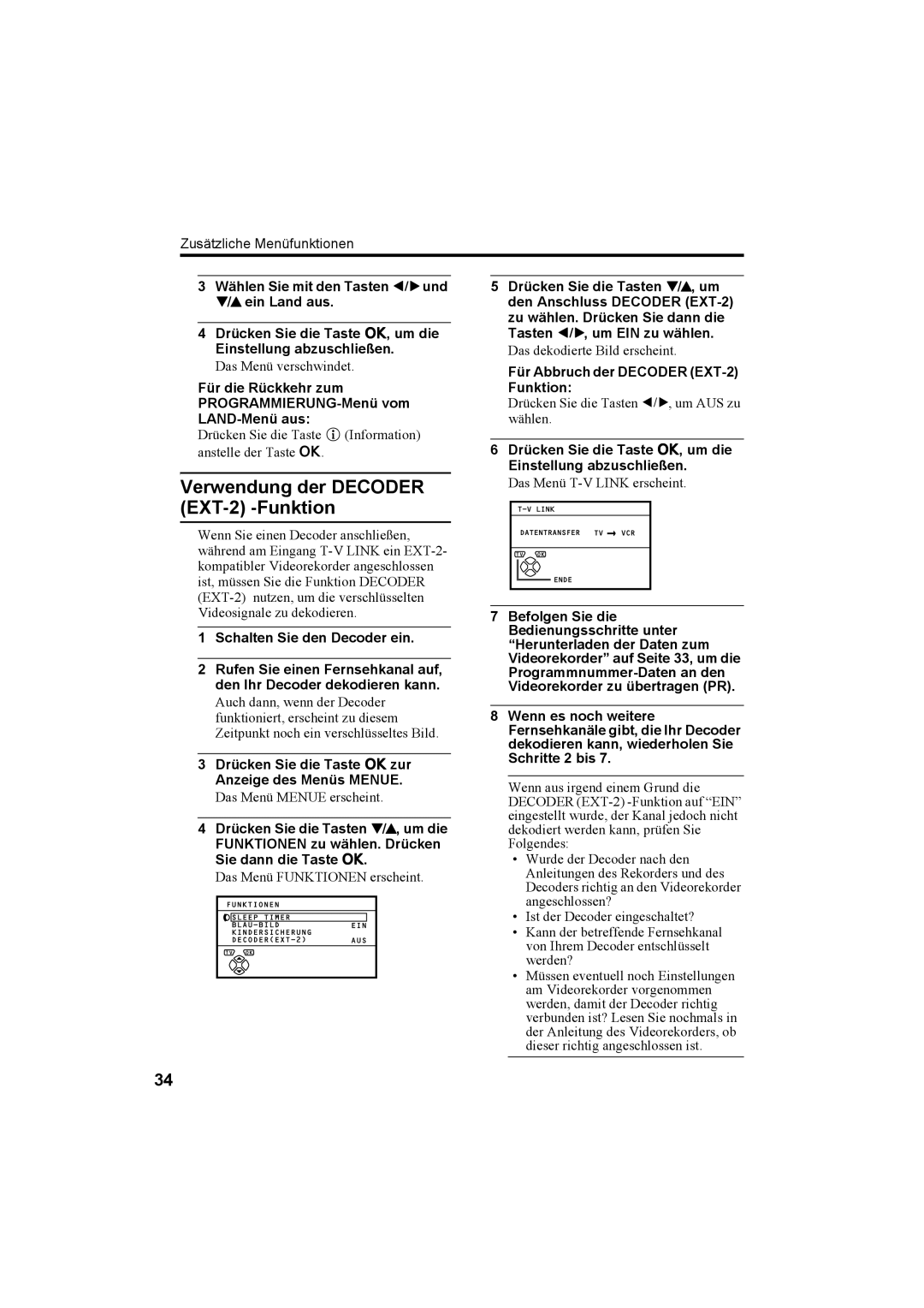 JVC AV28T20EP Verwendung der Decoder EXT-2 -Funktion, Zusätzliche Menüfunktionen, Für Abbruch der Decoder EXT-2 Funktion 