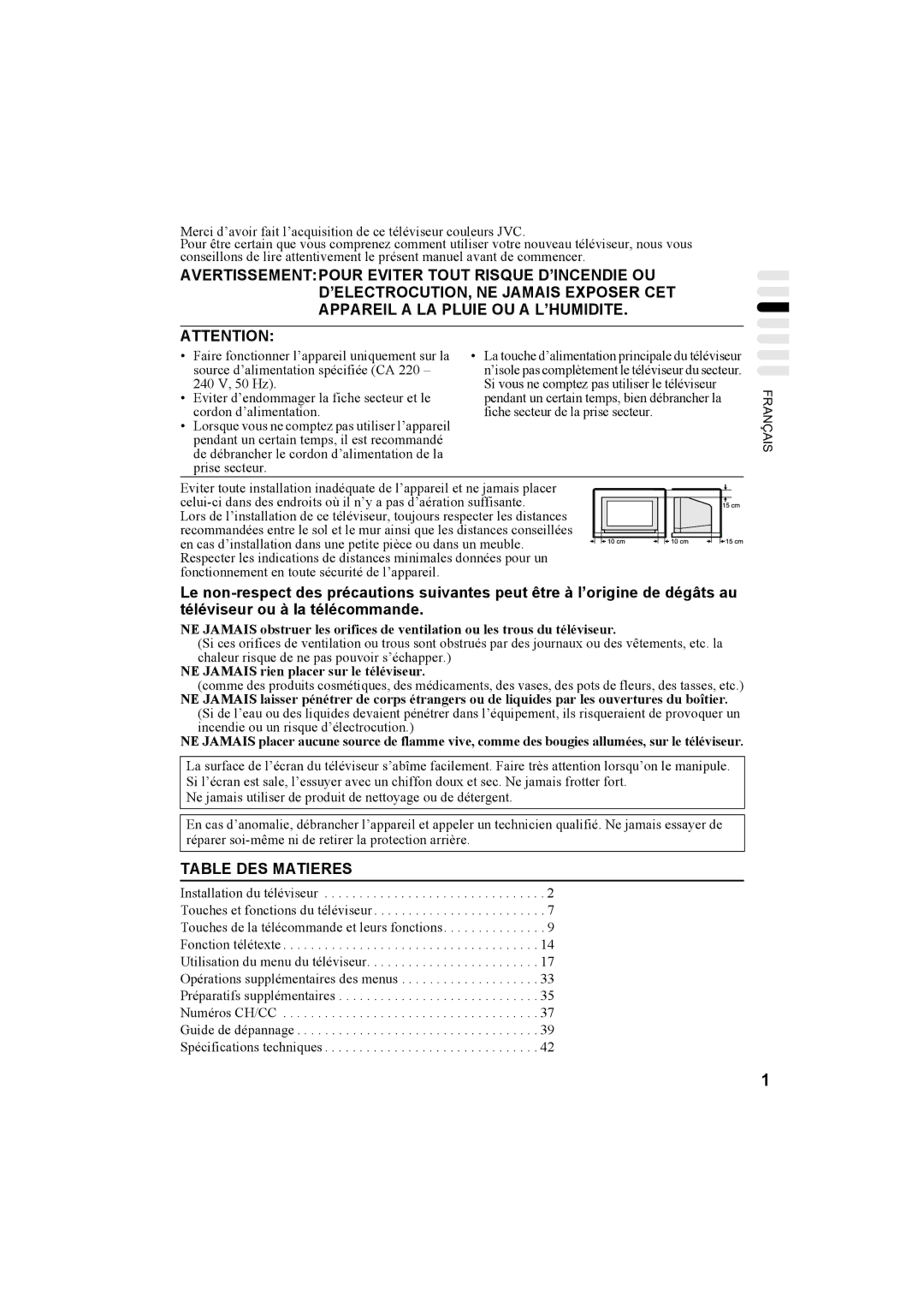 JVC AV32T20EP, AV28T20EP manual Table DES Matieres, NE Jamais rien placer sur le téléviseur 