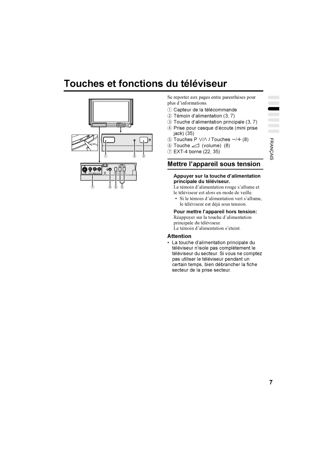 JVC AV32T20EP, AV28T20EP manual Touches et fonctions du téléviseur, Mettre l’appareil sous tension 