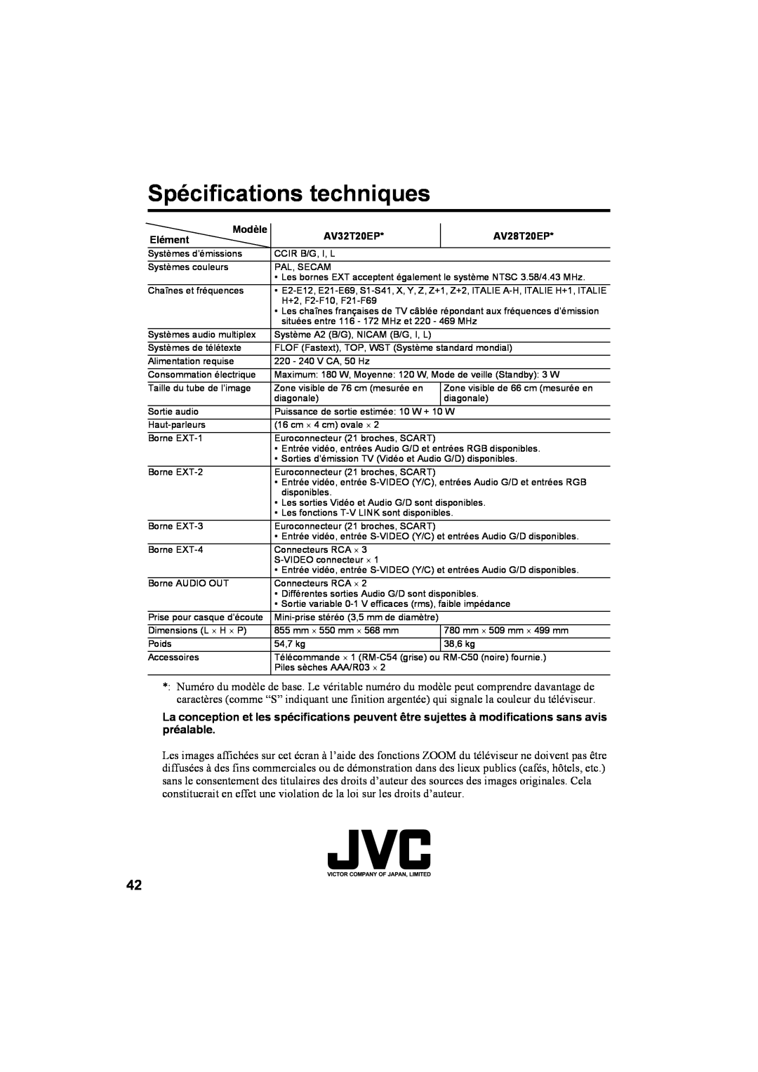 JVC AV28T20EP, AV32T20EP manual Spécifications techniques, Modèle 