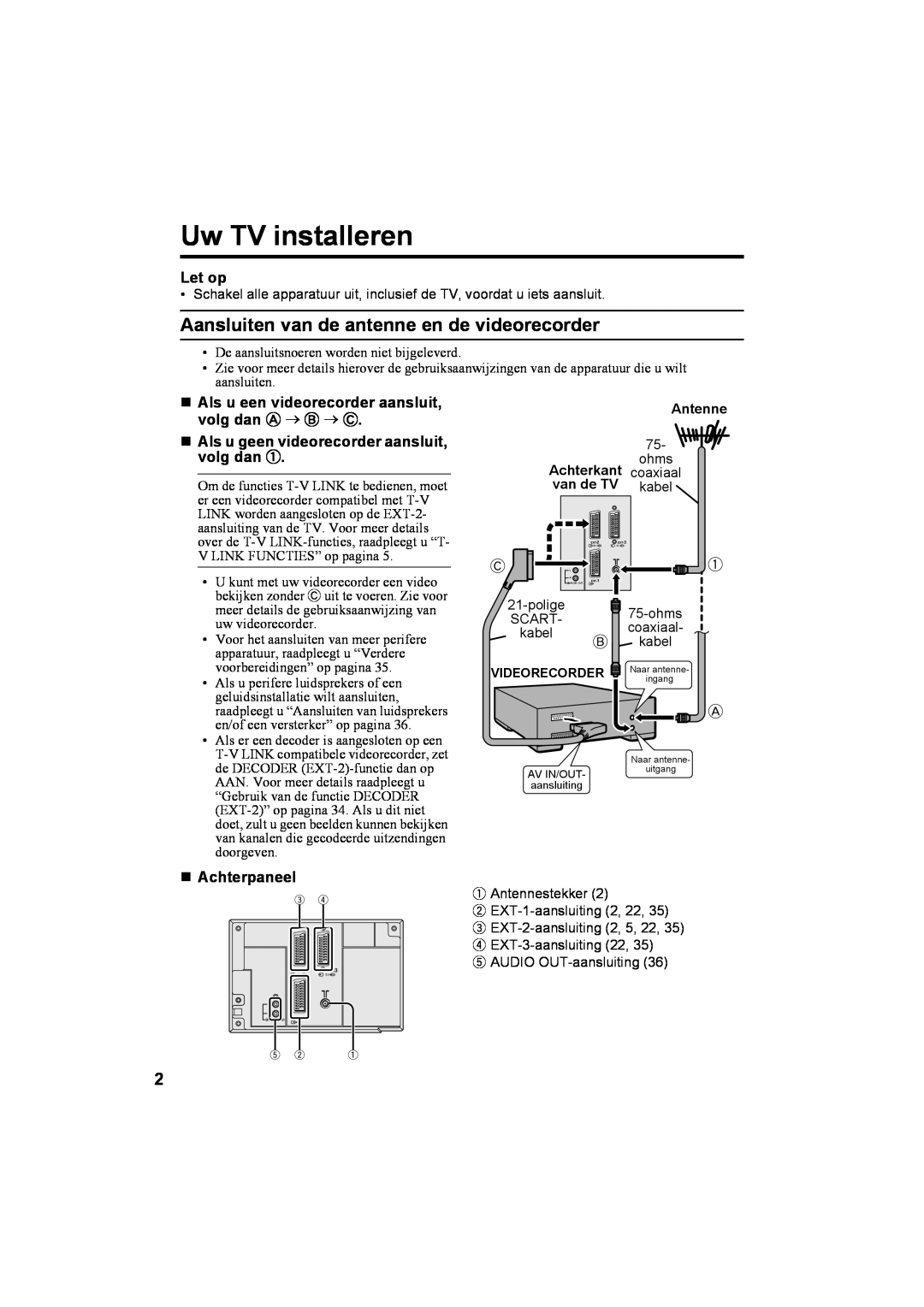JVC AV28T20EP Uw TV installeren, Aansluiten van de antenne en de videorecorder, Let op, „ Als u een videorecorder aansluit 