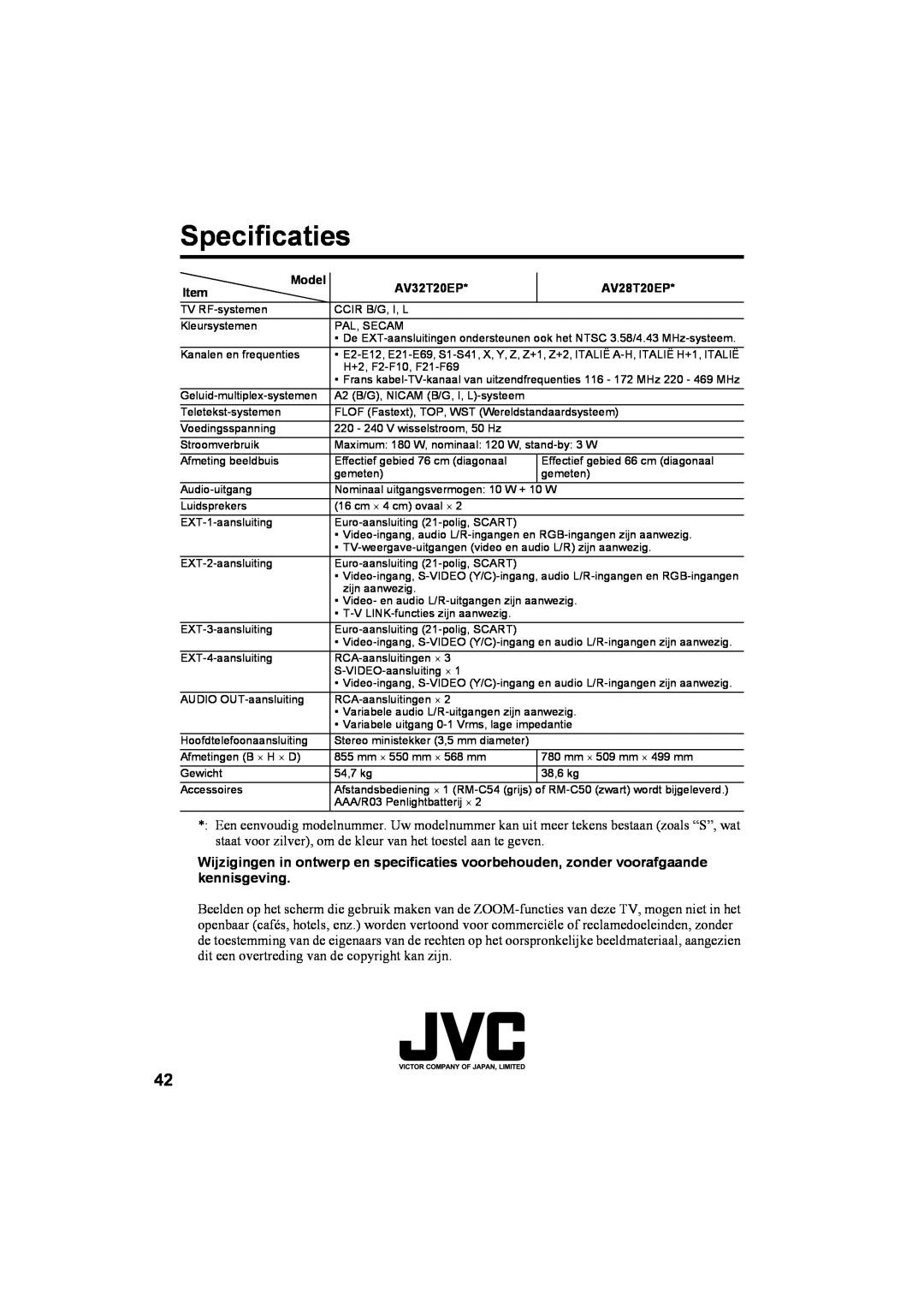 JVC AV28T20EP, AV32T20EP manual Specificaties 