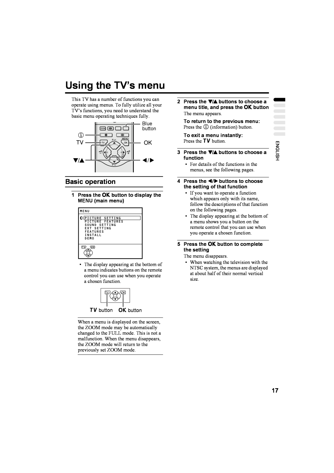 JVC AV32T20EP Using the TV’s menu, Tv P, Press the abutton to display the MENU main menu, To return to the previous menu 