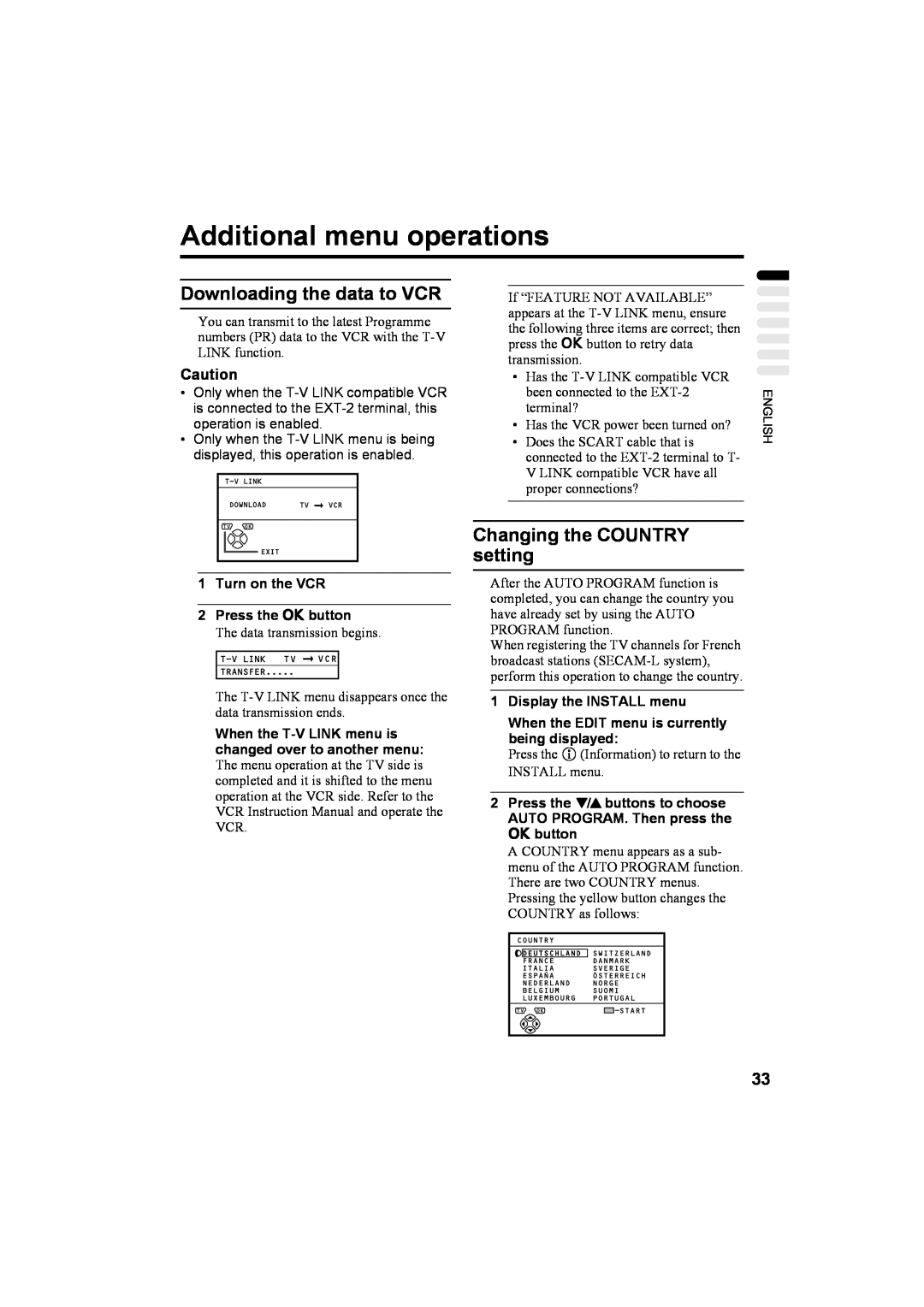JVC AV32T20EP, AV28T20EP manual Additional menu operations, Downloading the data to VCR, Changing the COUNTRY setting 