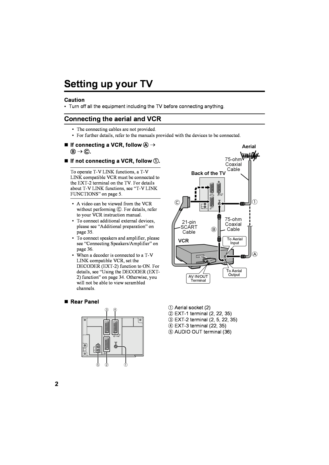 JVC AV28T20EP Setting up your TV, Connecting the aerial and VCR, „ If connecting a VCR, follow A →, B → C, „ Rear Panel 