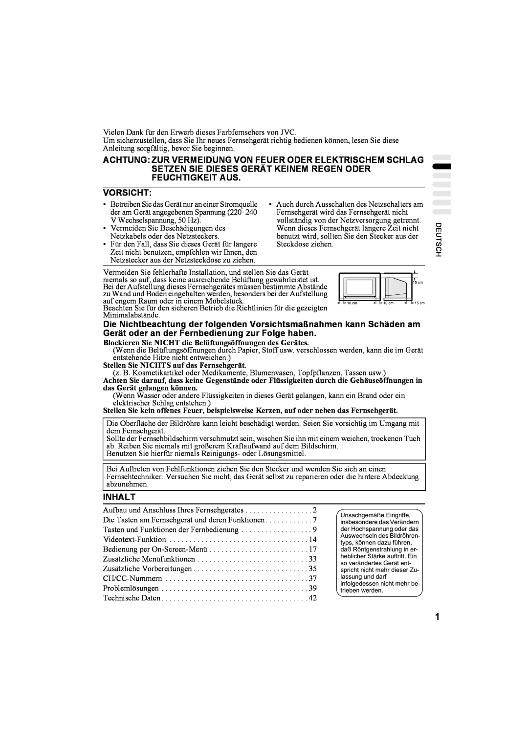 JVC AV32T20EP, AV28T20EP manual Achtung Zur Vermeidung Von Feuer Oder Elektrischem Schlag, Vorsicht, Inhalt 