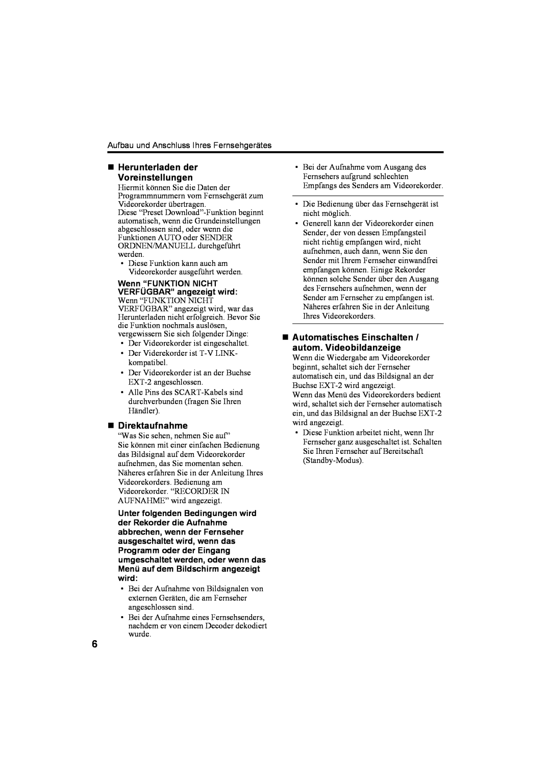 JVC AV28T20EP, AV32T20EP manual „ Herunterladen der Voreinstellungen, „ Direktaufnahme 