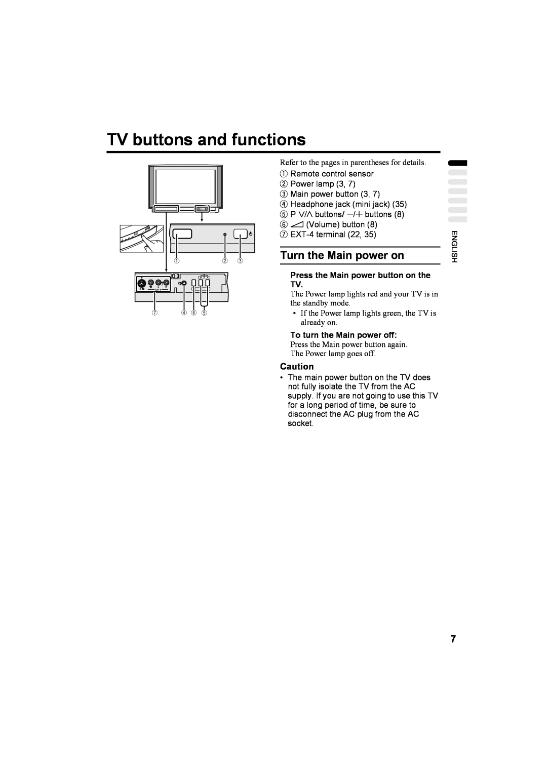 JVC AV32T20EP, AV28T20EP manual TV buttons and functions, Turn the Main power on, Press the Main power button on the TV 