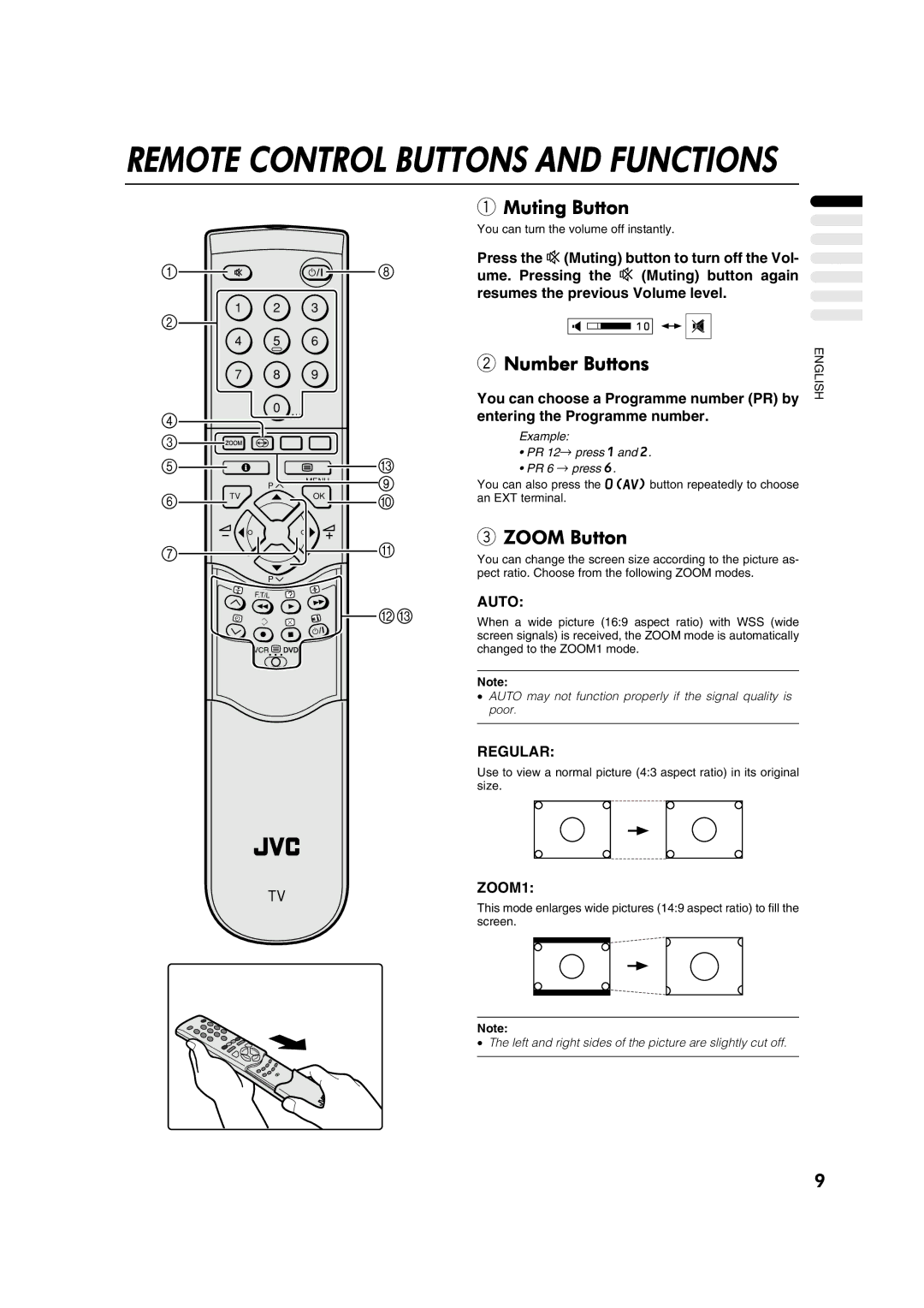 JVC AV29A10EU manual Muting Button, Number Buttons, Zoom Button 