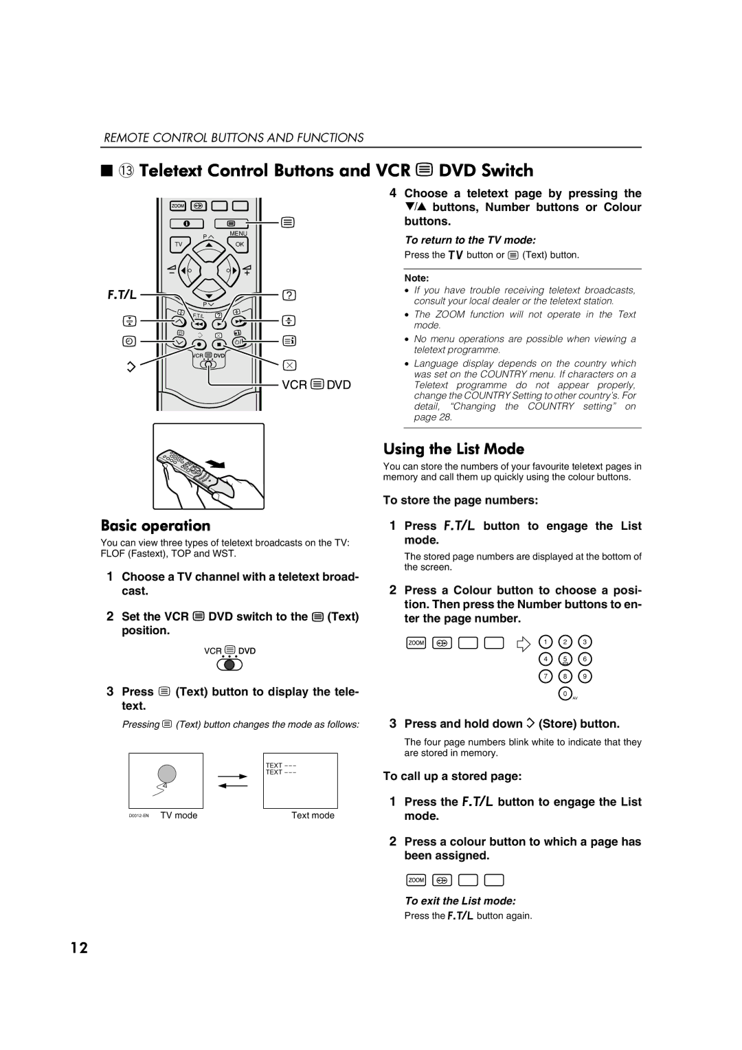 JVC AV29A10EU manual ~ Teletext Control Buttons and VCR P DVD Switch, Using the List Mode, Basic operation 