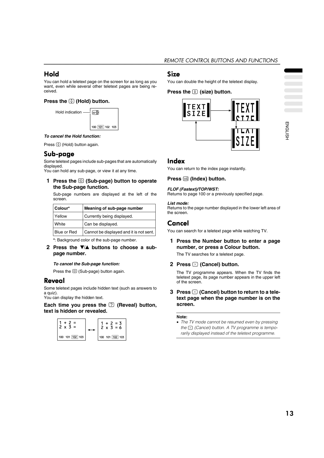 JVC AV29A10EU manual Hold, Size, Sub-page, Index, Reveal, Cancel 