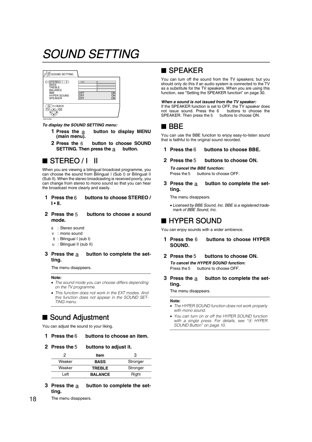 JVC AV29A10EU manual Sound Setting, Stereo / I, Speaker, Bbe, Hyper Sound 
