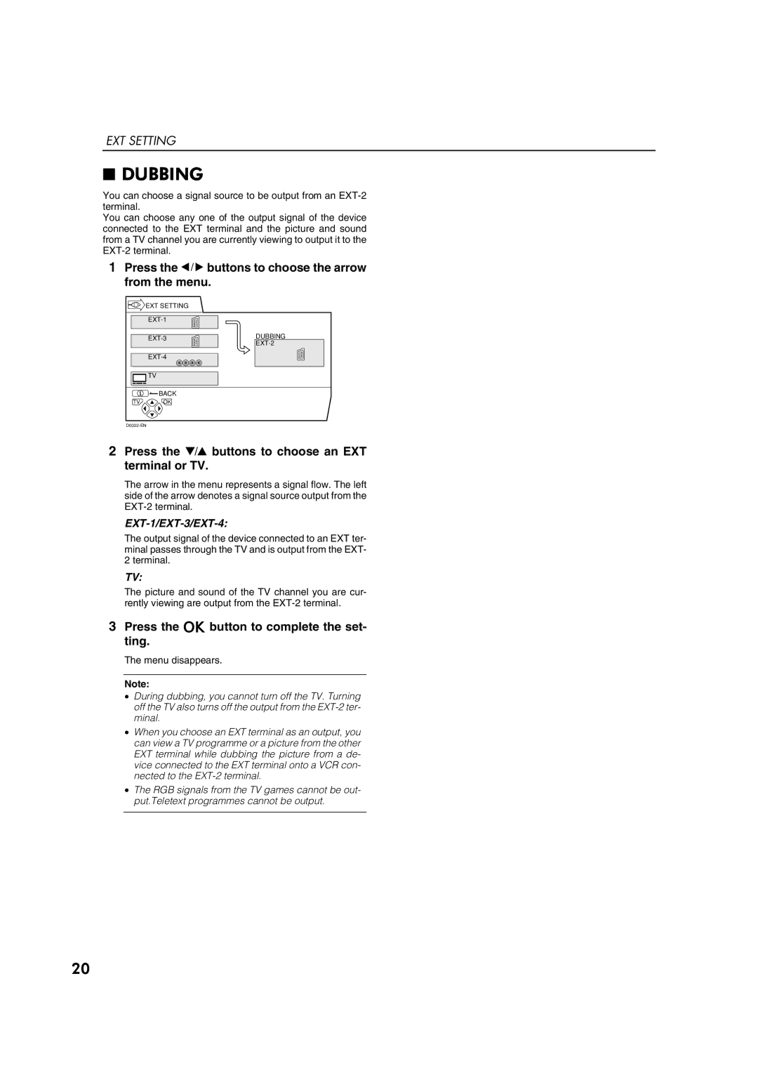 JVC AV29A10EU manual Dubbing, Press the 5 buttons to choose the arrow from the menu, EXT-1/EXT-3/EXT-4 