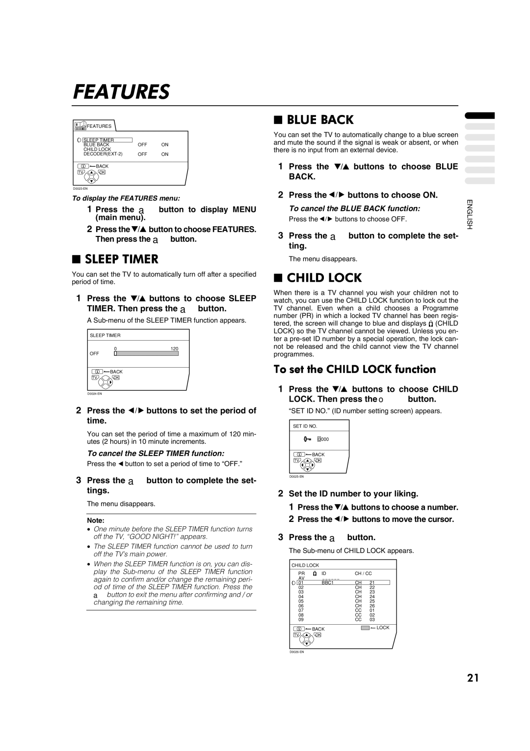 JVC AV29A10EU manual Features, Blue Back, Sleep Timer, To set the Child Lock function 