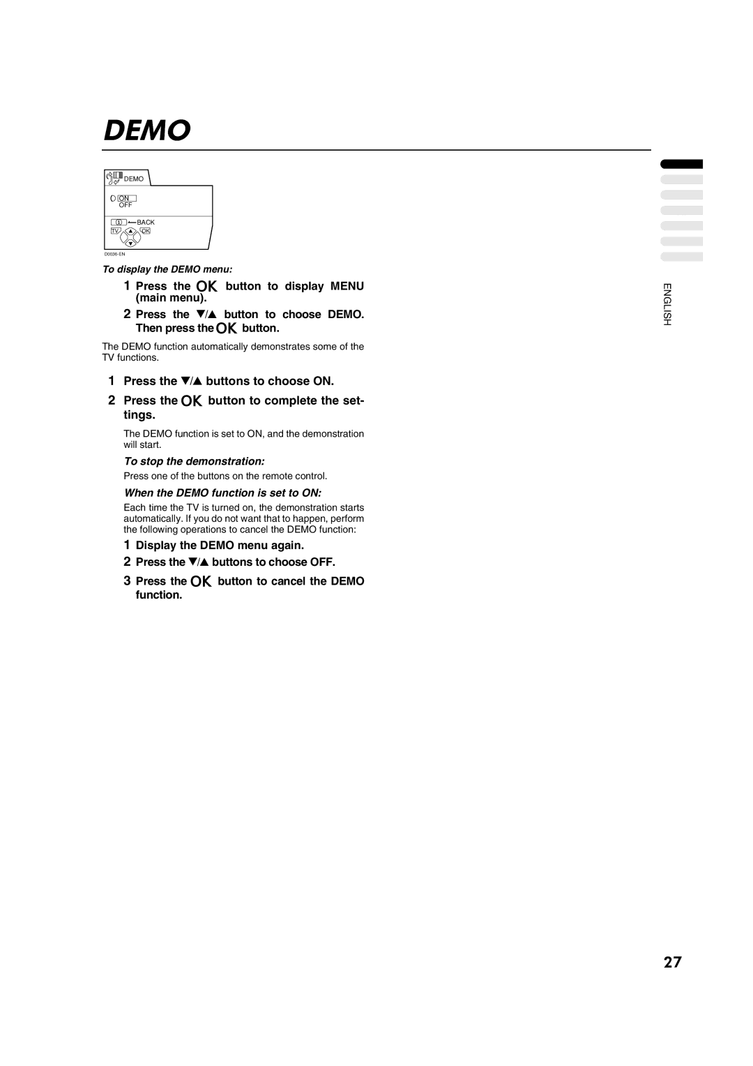 JVC AV29A10EU manual To stop the demonstration, When the Demo function is set to on, To display the Demo menu 