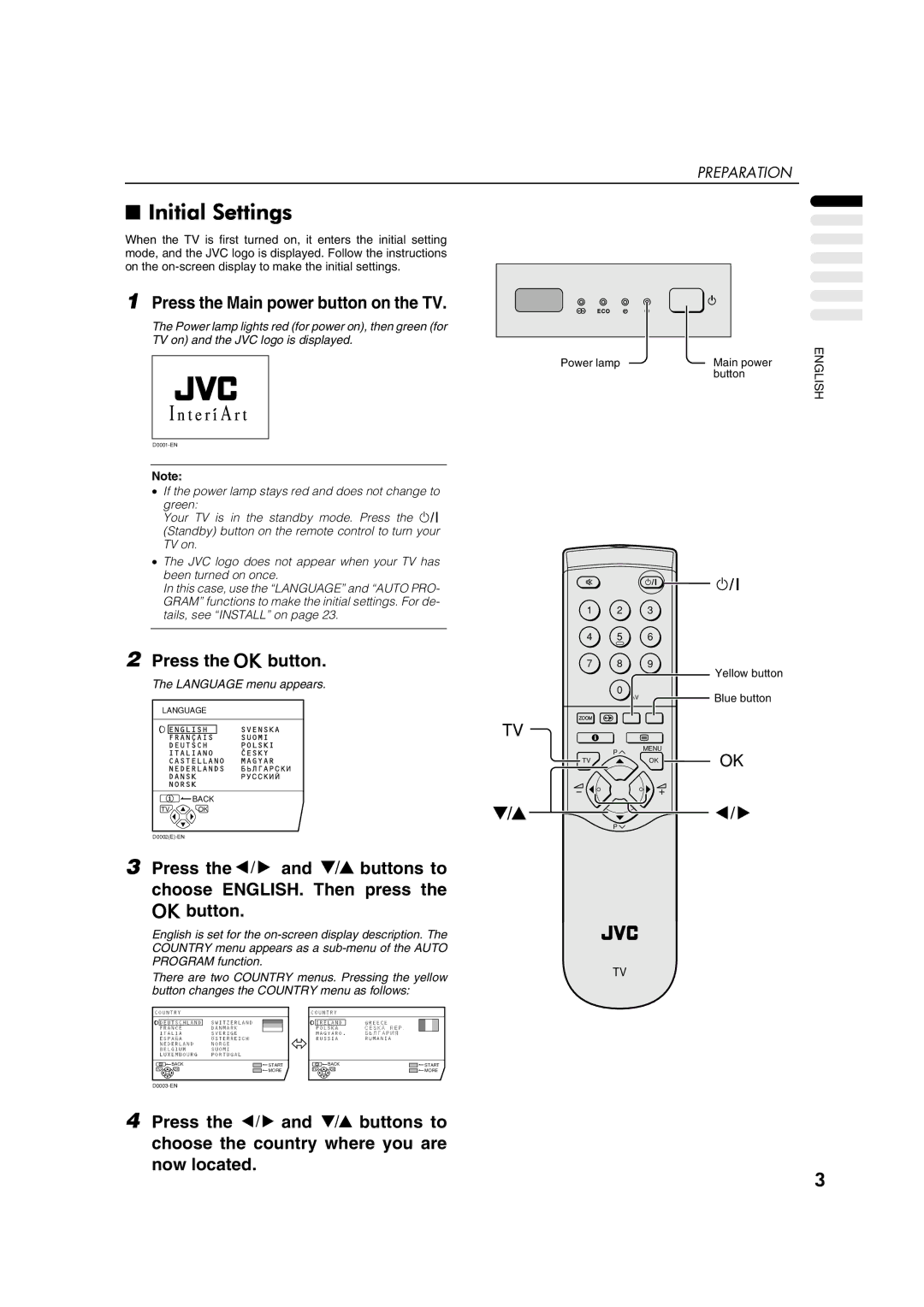 JVC AV29A10EU manual Initial Settings, Press the Main power button on the TV 