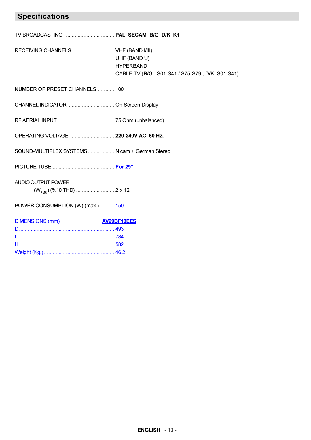 JVC AV29BF10EES manual Specifications 