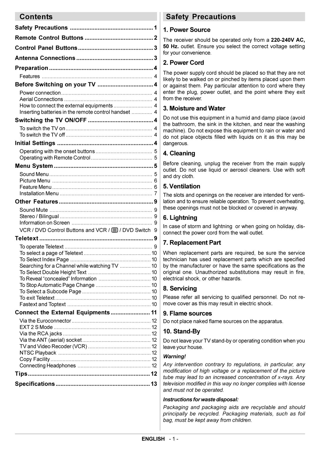 JVC AV29BF10EES manual Contents Safety Precautions 