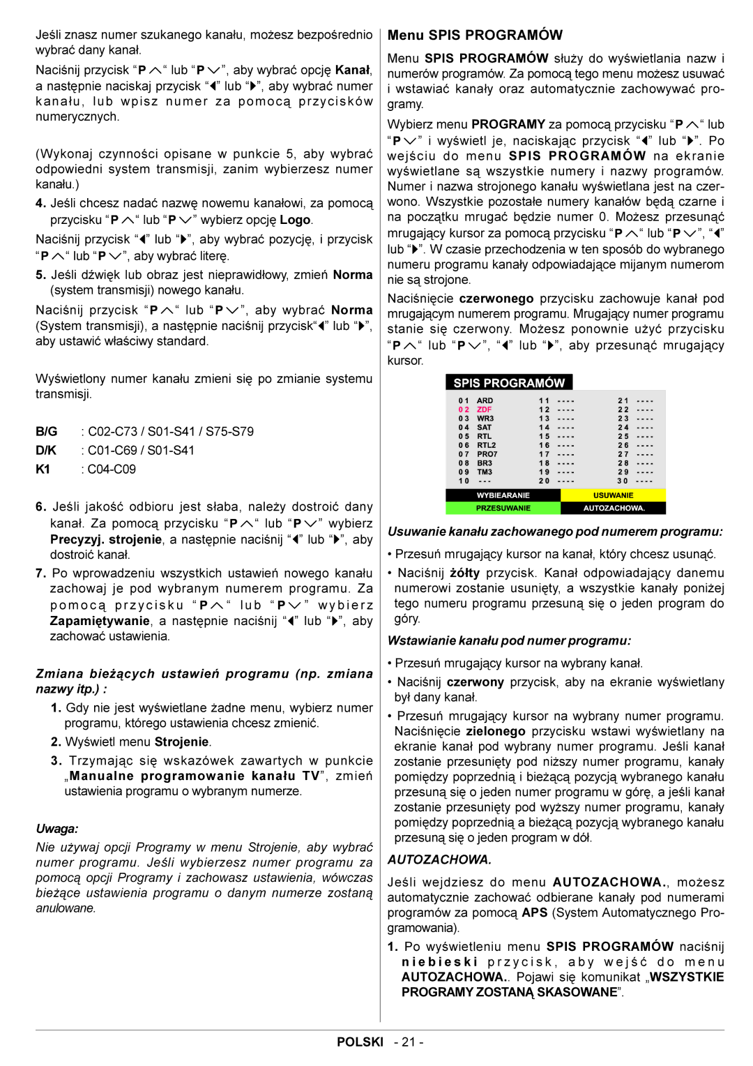 JVC AV29BF10EES manual Menu Spis Programów, Zmiana bie¿¹cych ustawieñ programu np. zmiana nazwy itp 