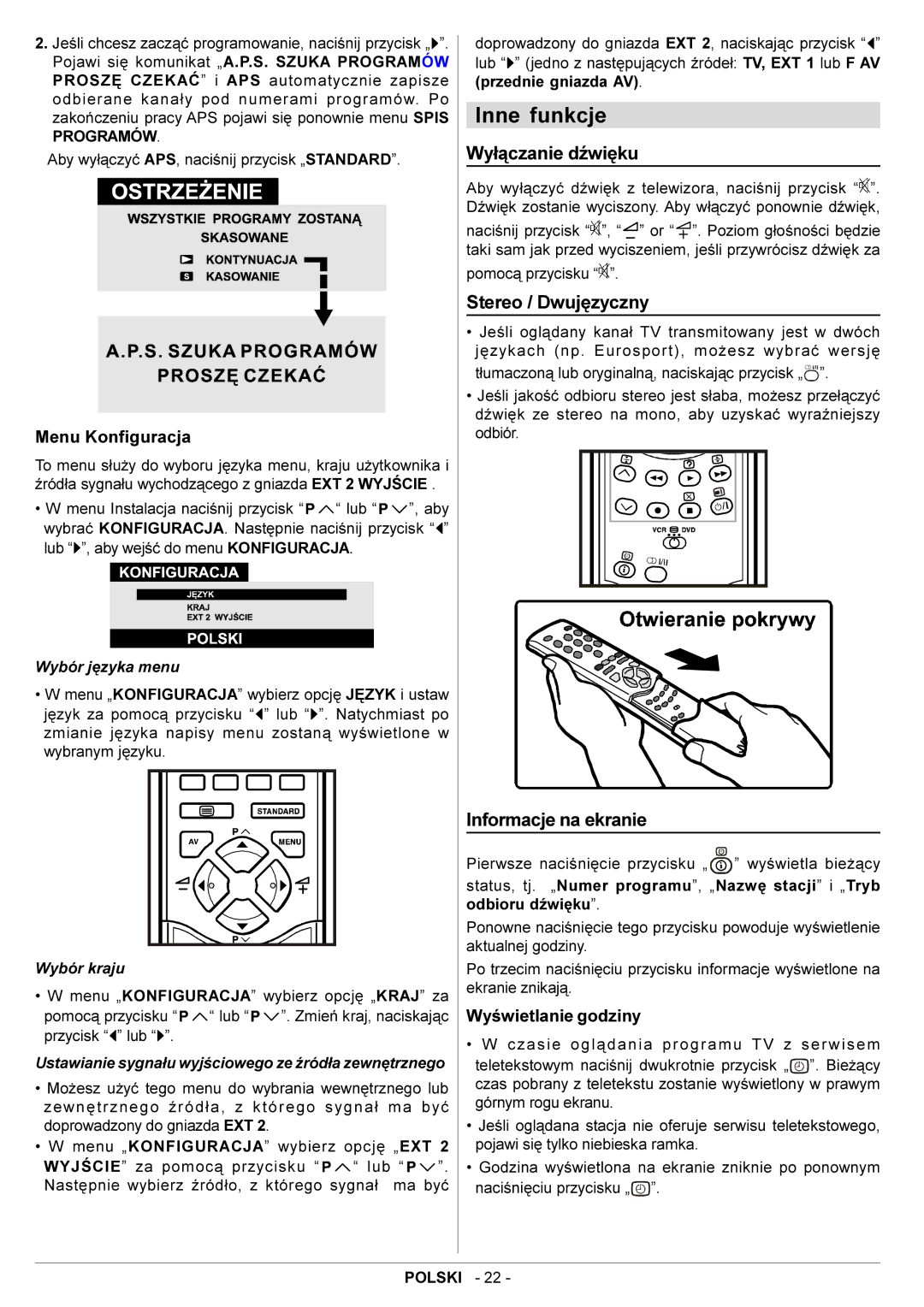 JVC AV29BF10EES manual Inne funkcje, Wy³¹czanie dŸwiêku, Stereo / Dwujêzyczny, Informacje na ekranie 