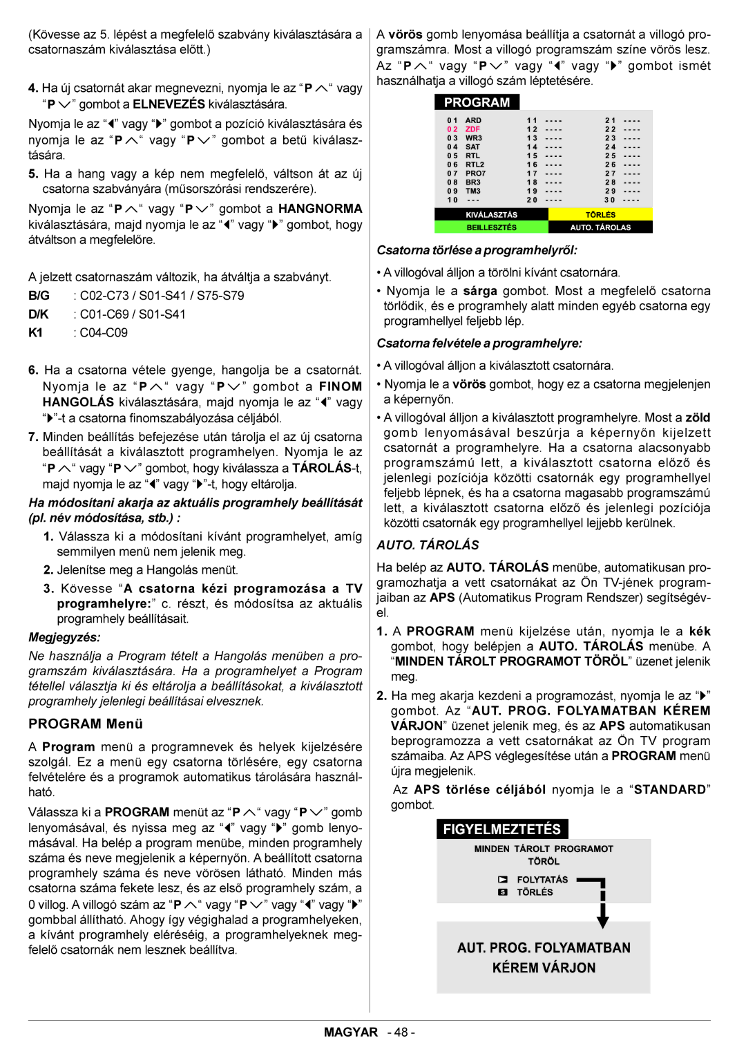 JVC AV29BF10EES manual Program Menü, Csatorna törlése a programhelyrõl, Csatorna felvétele a programhelyre 