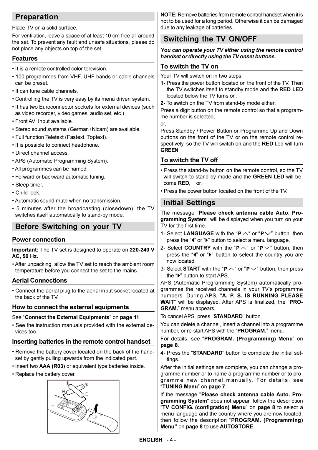 JVC AV29BF10EES manual Preparation, Before Switching on your TV, Switching the TV ON/OFF, Initial Settings 