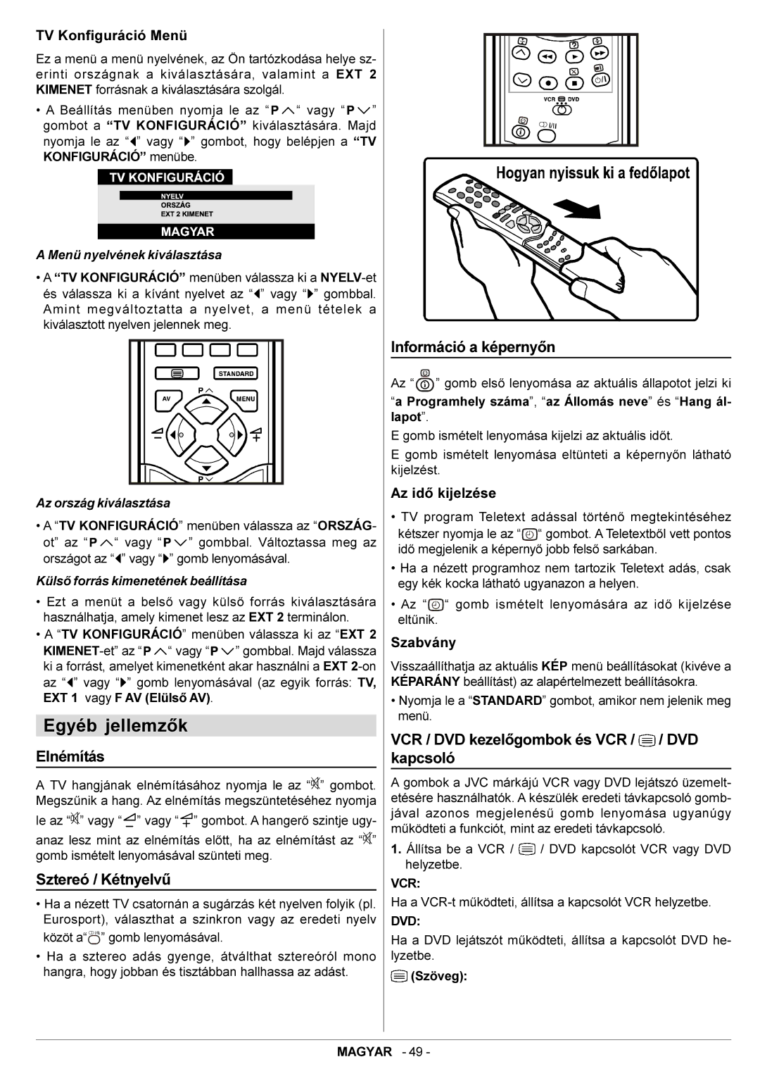 JVC AV29BF10EES manual Egyéb jellemzõk, Elnémítás, Sztereó / Kétnyelvû, Információ a képernyõn 