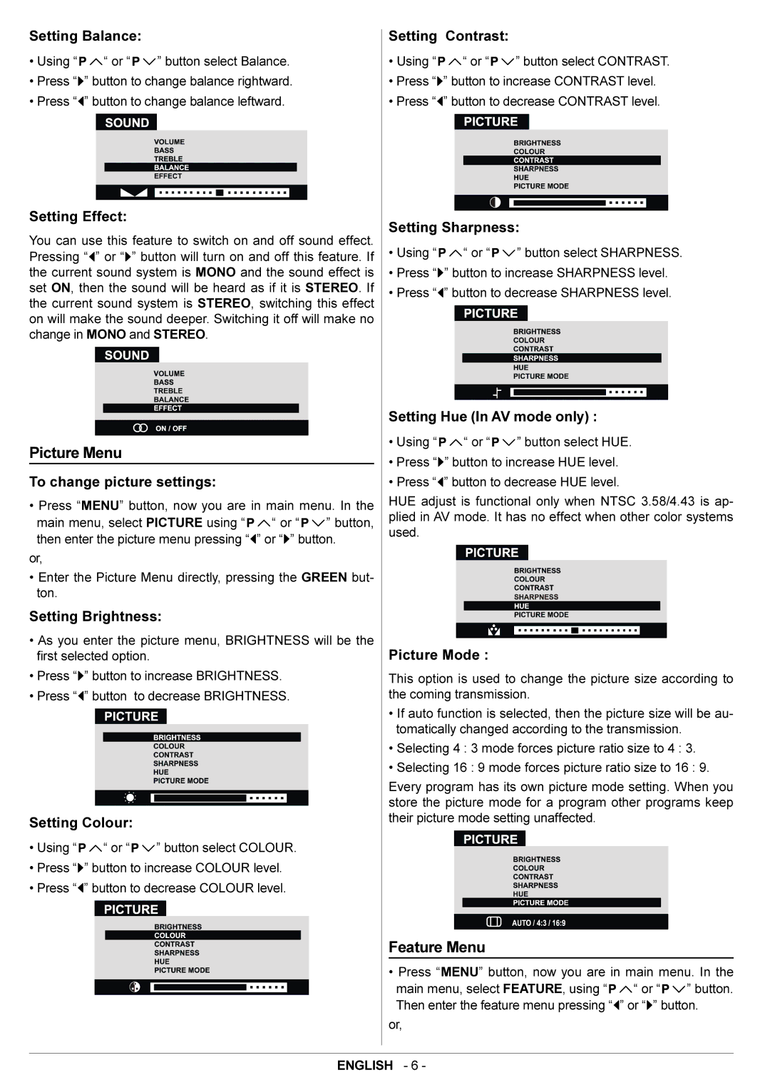 JVC AV29BF10EES manual Picture Menu, Feature Menu 