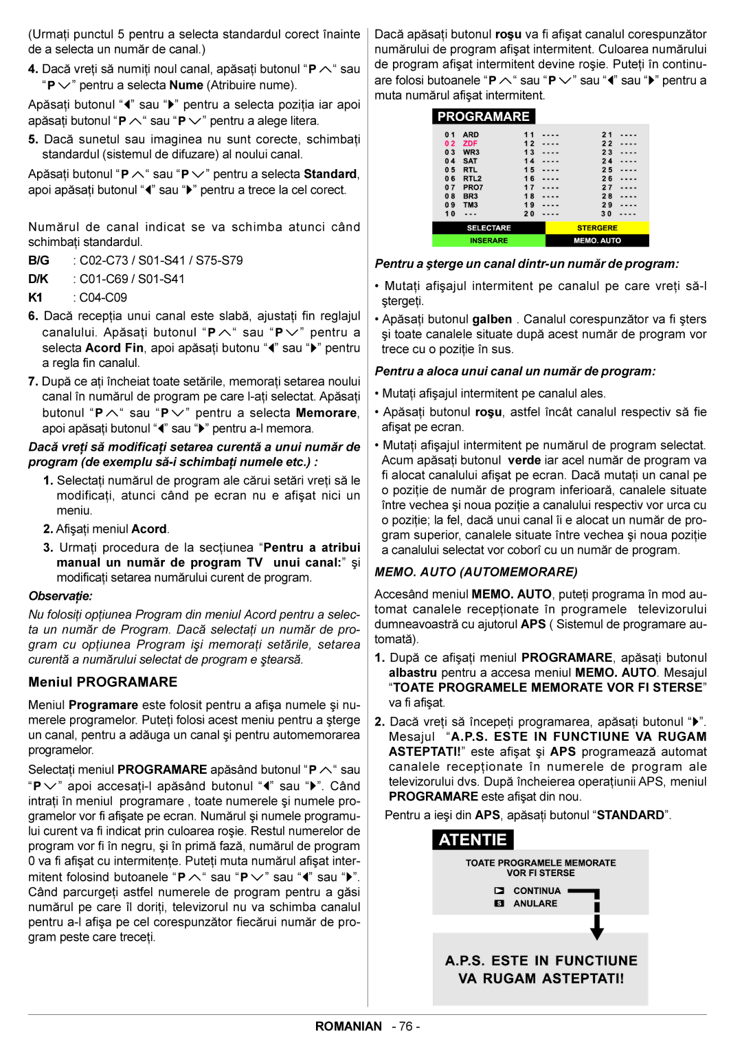 JVC AV29BF10EES manual Meniul Programare, Pentru a ºterge un canal dintr-un numãr de program 