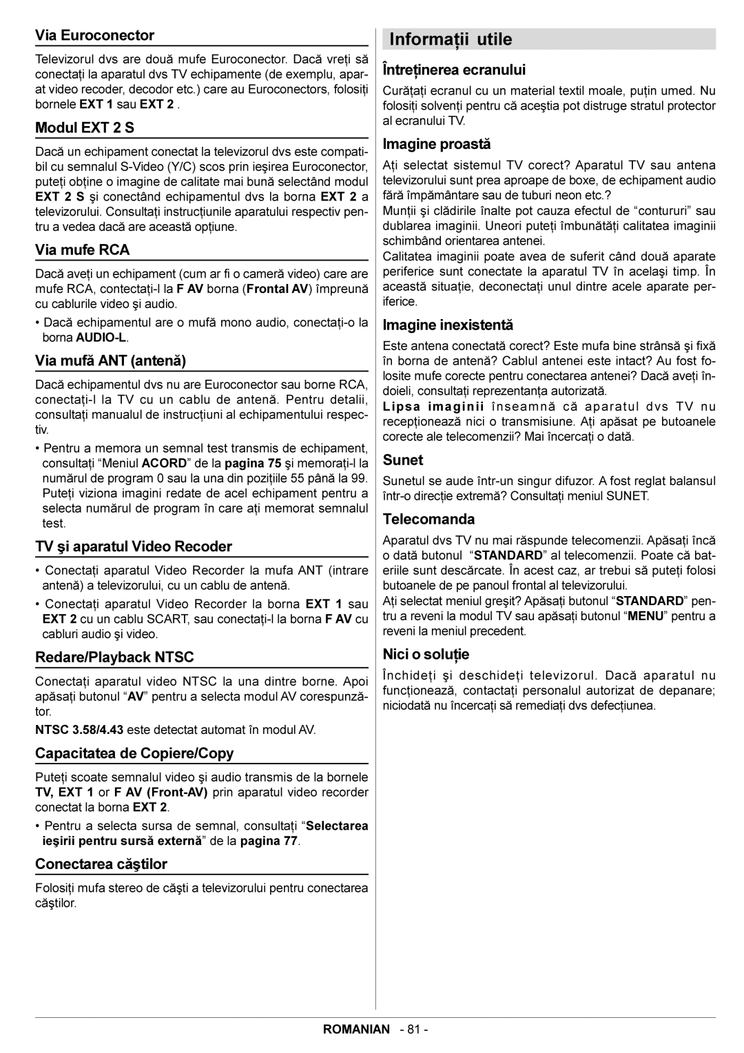 JVC AV29BF10EES manual Informaþii utile 