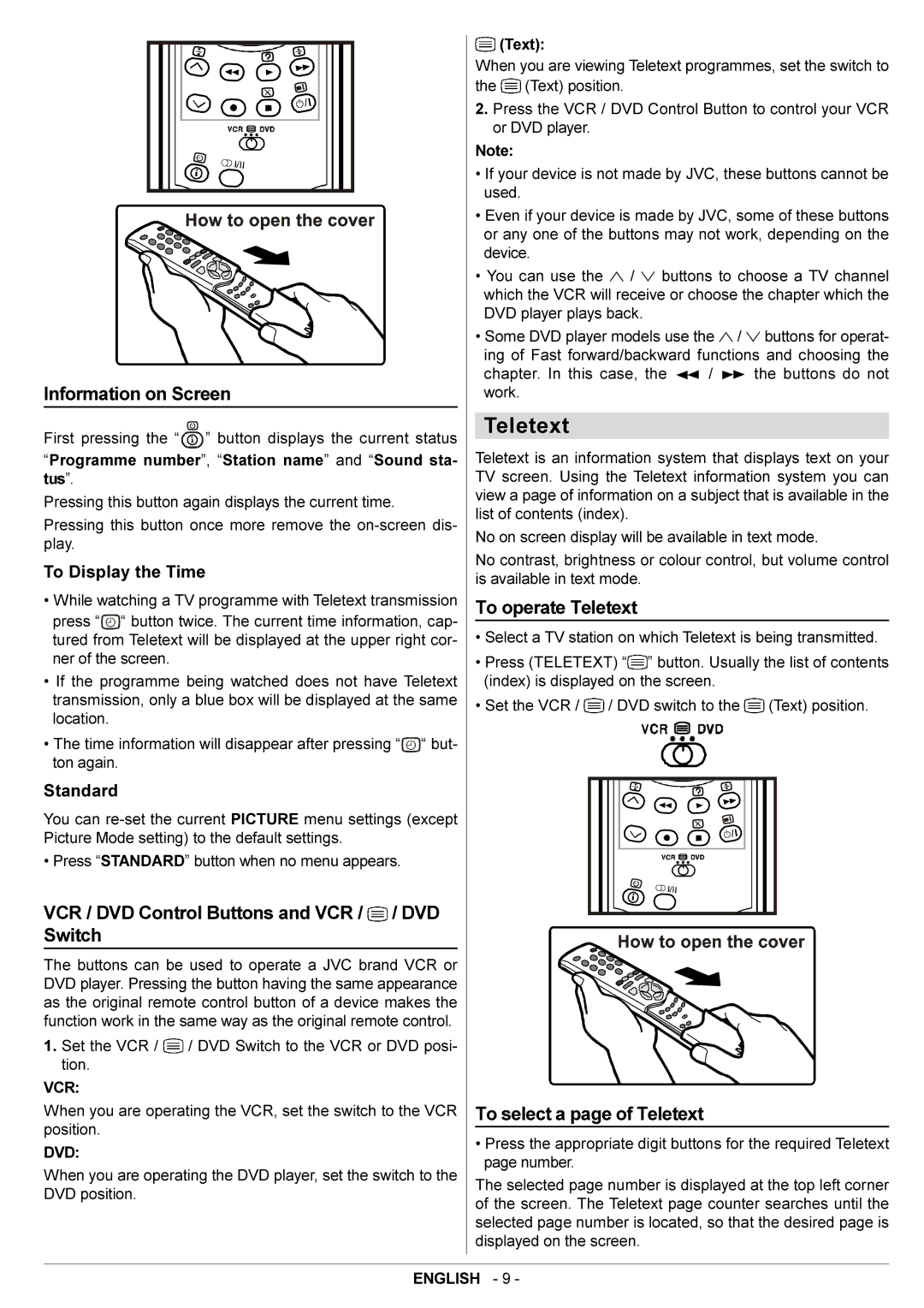 JVC AV29BF10ENS manual Information on Screen, VCR / DVD Control Buttons and VCR / / DVD Switch, To operate Teletext 