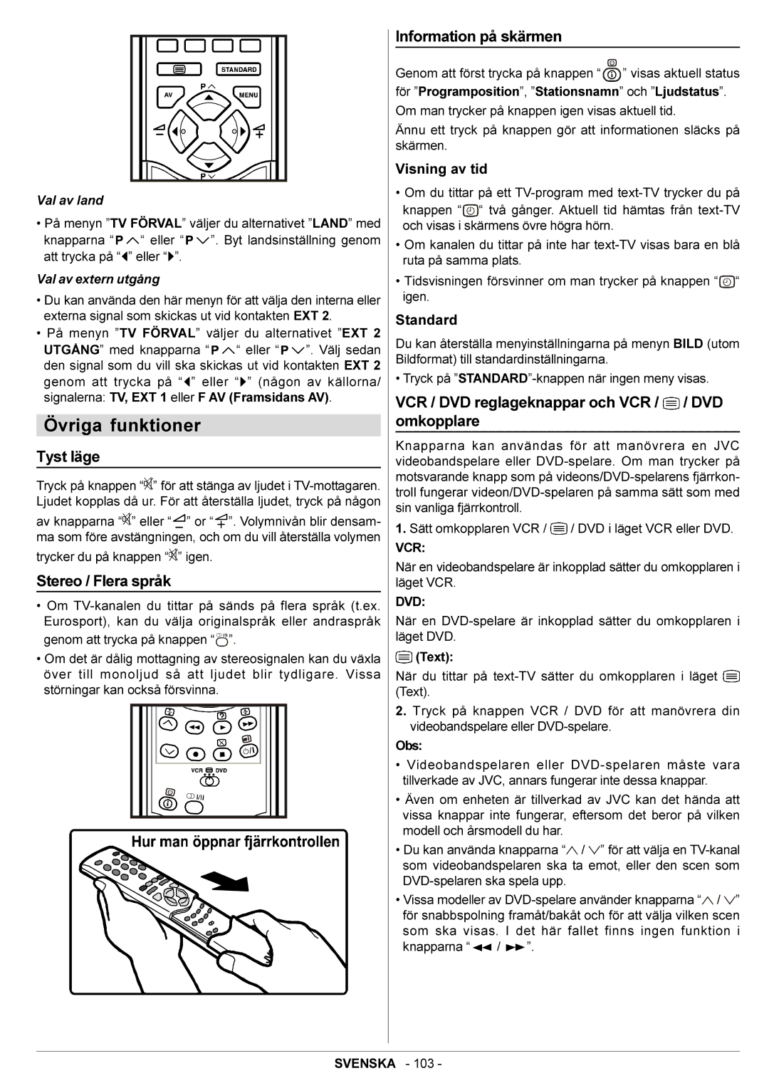 JVC AV29BF10ENS manual Övriga funktioner, Tyst läge, Stereo / Flera språk, Information på skärmen 