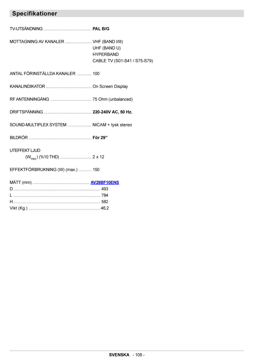 JVC AV29BF10ENS manual Specifikationer, Uteffekt Ljud 