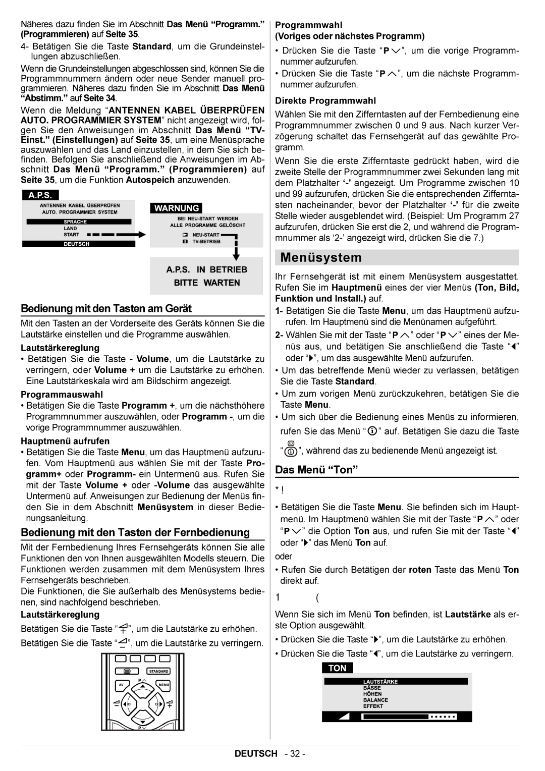 JVC AV29BF10ENS Menüsystem, Bedienung mit den Tasten am Gerät, Bedienung mit den Tasten der Fernbedienung, Das Menü Ton 