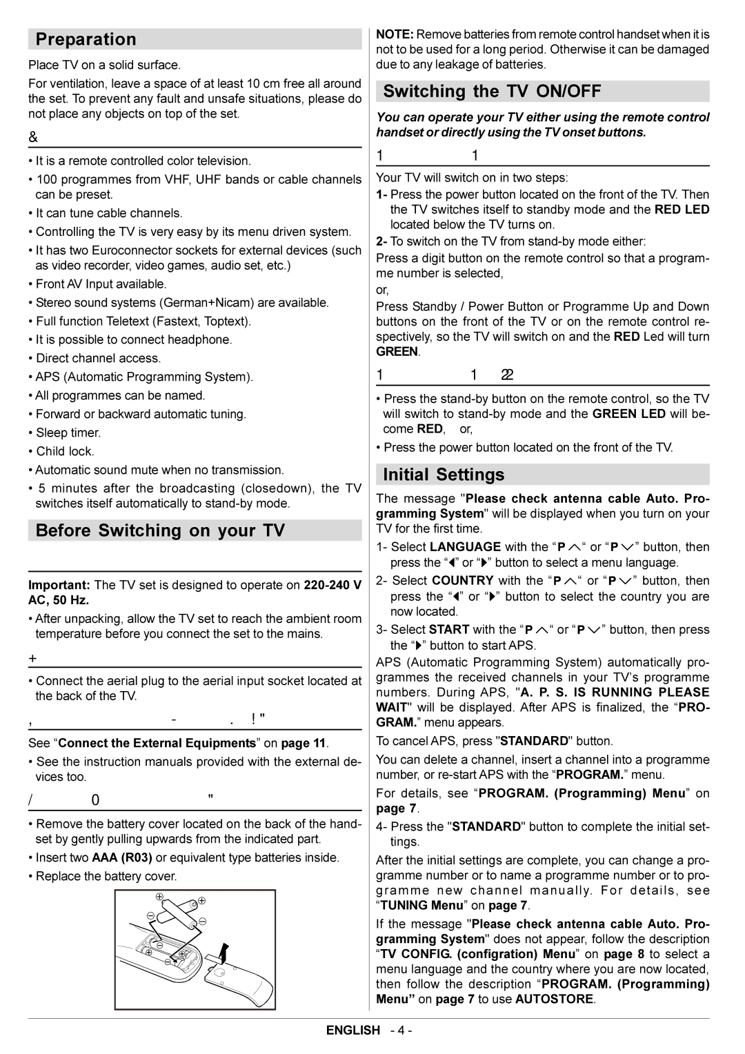 JVC AV29BF10ENS manual Preparation, Before Switching on your TV, Switching the TV ON/OFF, Initial Settings 