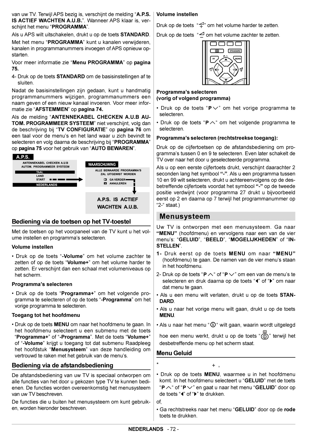 JVC AV29BF10ENS Menusysteem, Bediening via de toetsen op het TV-toestel, Bediening via de afstandsbediening, Menu Geluid 