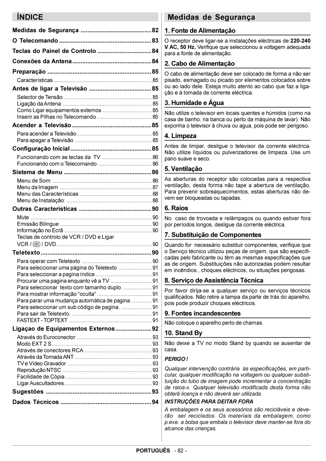 JVC AV29BF10ENS manual Índice, Medidas de Segurança 