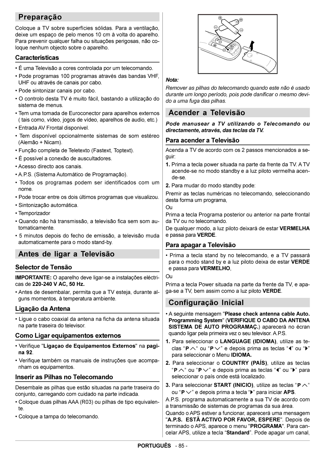 JVC AV29BF10ENS manual Preparação, Antes de ligar a Televisão, Acender a Televisão, Configuração Inicial 