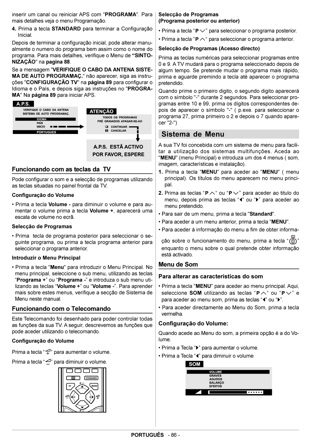 JVC AV29BF10ENS manual Sistema de Menu, Funcionando com as teclas da TV, Funcionando com o Telecomando, Menu de Som 