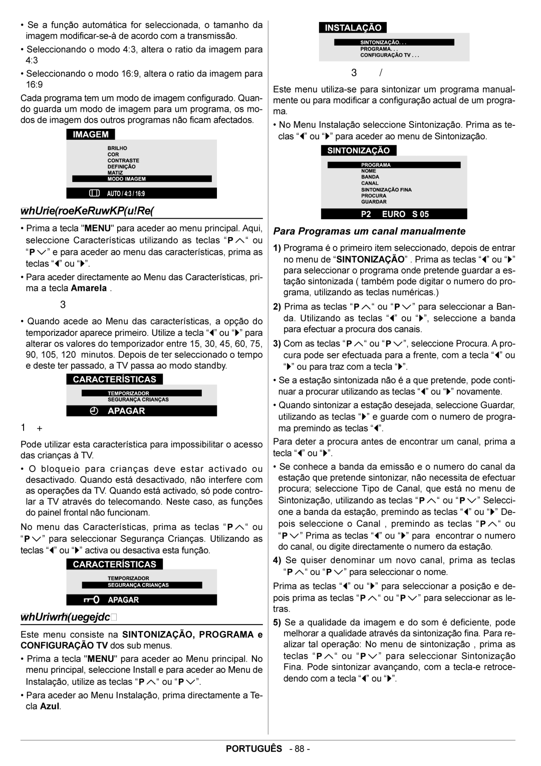 JVC AV29BF10ENS Menu das Características, Menu de Instalação, Temporizador, Bloqueio para Crianças, Menu de Sintonização 