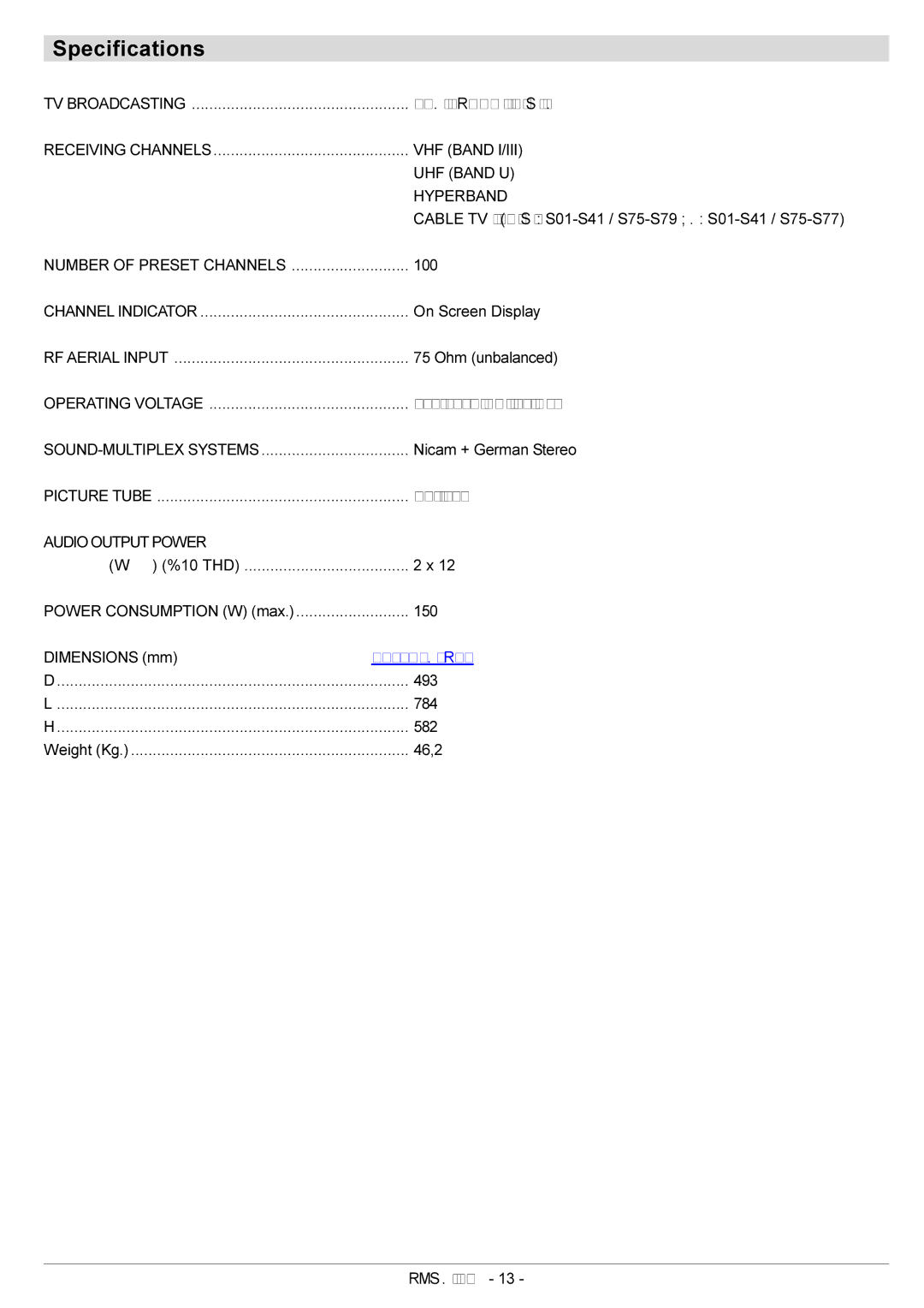 JVC AV29BF10EPS manual Specifications 