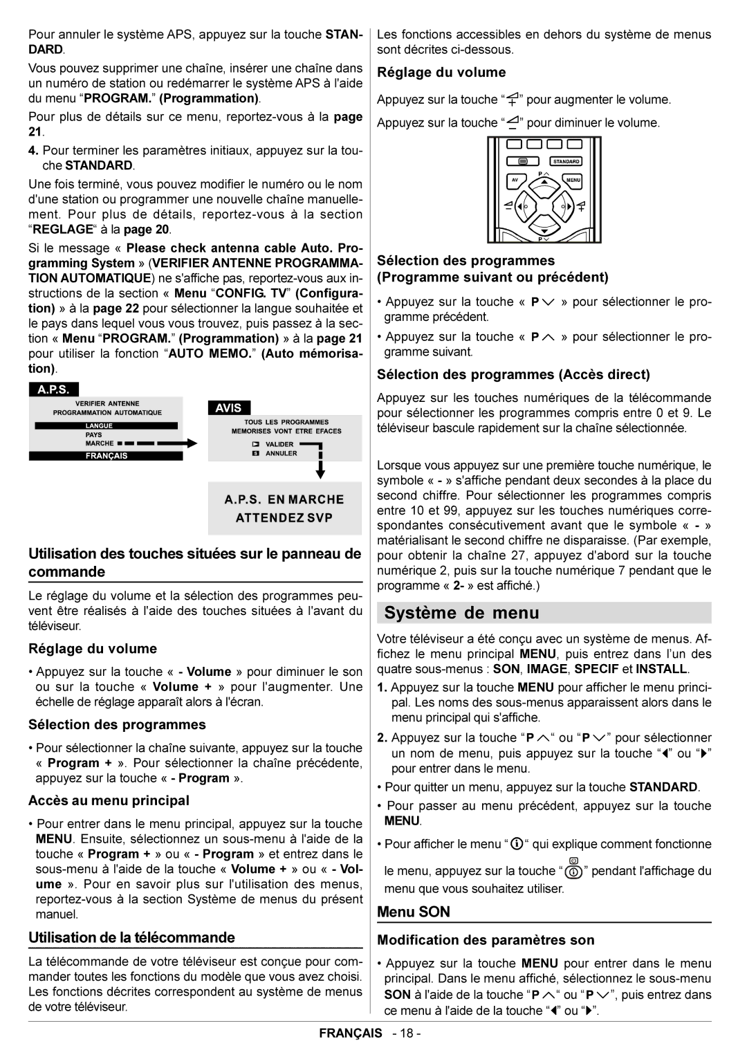 JVC AV29BF10EPS manual Système de menu, Utilisation des touches situées sur le panneau de commande, Menu SON 