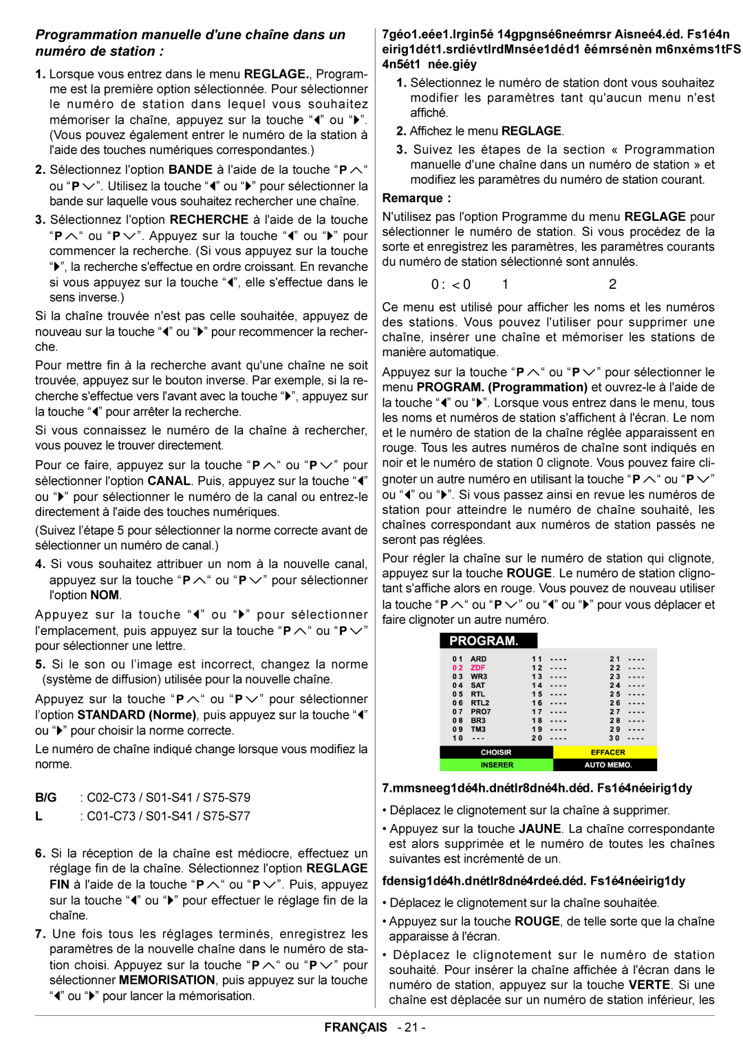 JVC AV29BF10EPS manual Menu PROGRAM. Programmation, Suppression dune chaîne dun numéro de station 