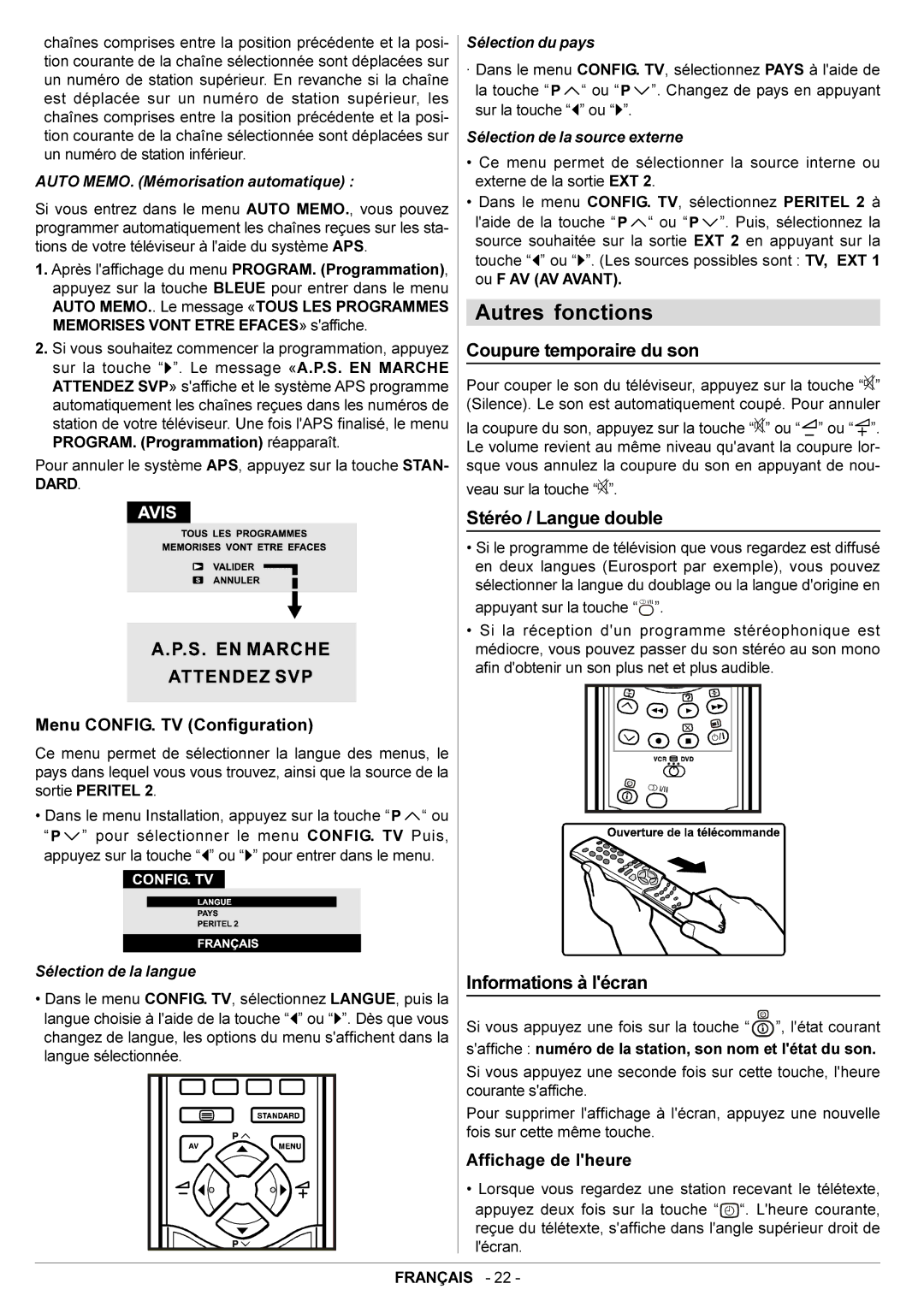 JVC AV29BF10EPS manual Autres fonctions, Coupure temporaire du son, Stéréo / Langue double, Menu CONFIG. TV Configuration 