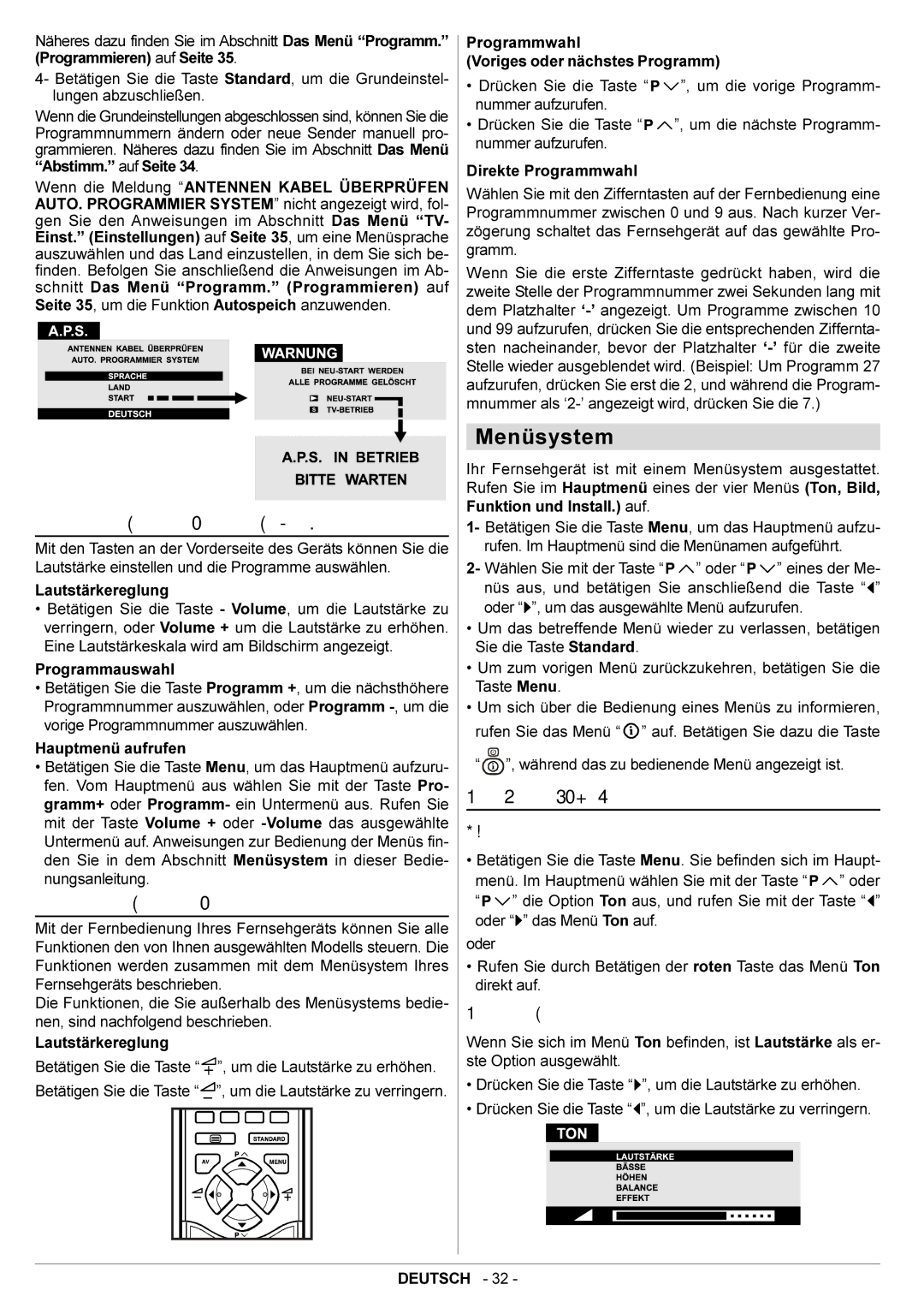 JVC AV29BF10EPS Menüsystem, Bedienung mit den Tasten am Gerät, Bedienung mit den Tasten der Fernbedienung, Das Menü Ton 