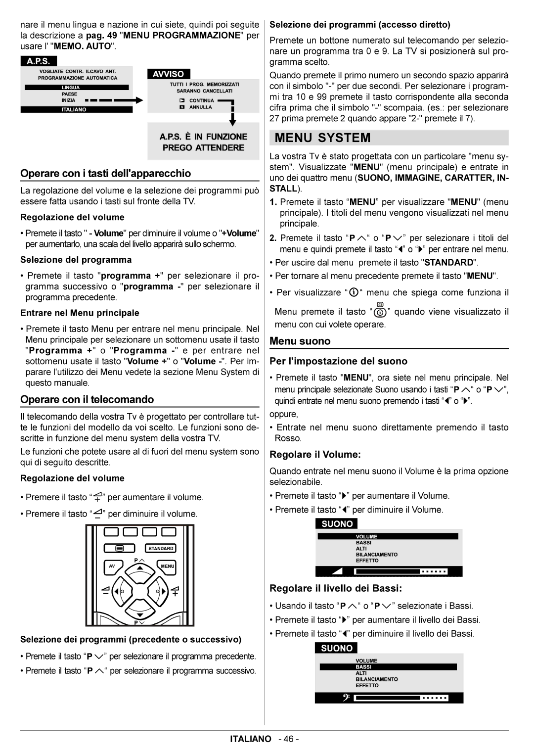 JVC AV29BF10EPS manual Menu System, Operare con i tasti dellapparecchio, Operare con il telecomando, Menu suono 